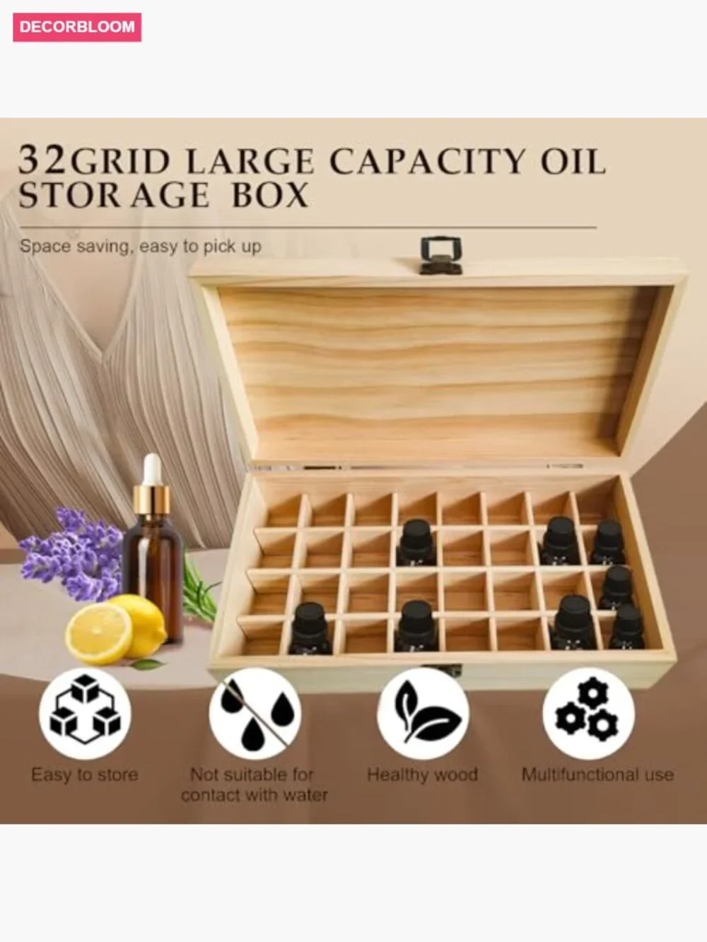 Wooden Essential Oil Travel Case for 32 Bottles, Lockable Storage Organizer